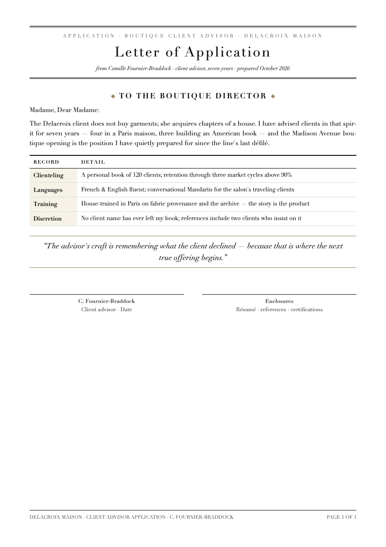 Fashion lookbook application letter